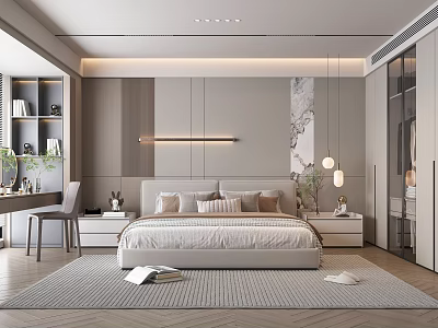 Modern Bedroom Interior Design With Platform Bed Geometric Rug Nightstands And Linear Wall Lamp 3d model