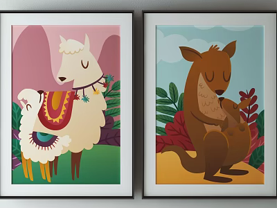 Colorful Decorative Paintings Featuring Llama Kangaroo And Green Plants 3d model