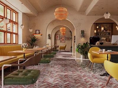 Café Interior Design With Arched Doorways Chandeliers Patterned Tiles Booth Seating And Colorful Chairs 3d model