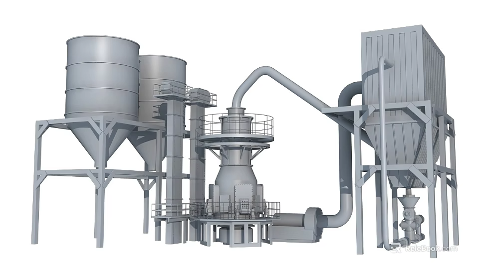 Large Industrial Grinding Equipment with Silos Pipes and Processing System 3d model 