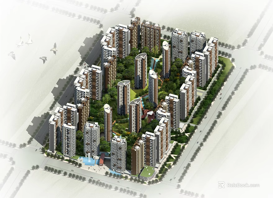 Modern High Rise Residential Complex With Central Greenery And Landscaped Layout 3d model 