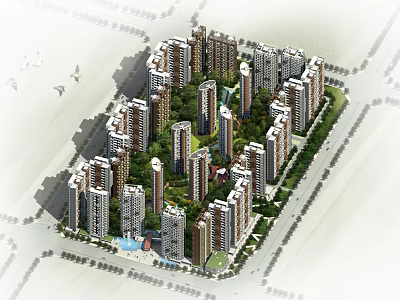 Modern High Rise Residential Complex With Central Greenery And Landscaped Layout 3d model