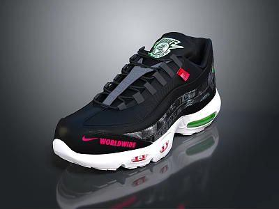 Black Sporty Sneakers With White Sole Red Worldwide Text And Green Accents Air Cushion Design 3d model