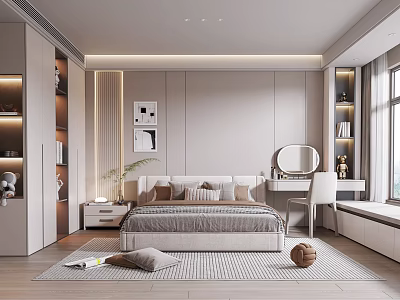 Modern Minimalist Bedroom Interior With Cozy Bed Pillows Nightstand Lamp And Natural Light Rug 3d model
