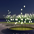 Illuminated Flowers In Night Garden With Green Lawn And Circular Turf Areas