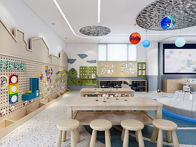 Bright Kindergarten Interior With Interactive Walls Wooden Tables And Planet Pendants 3d model