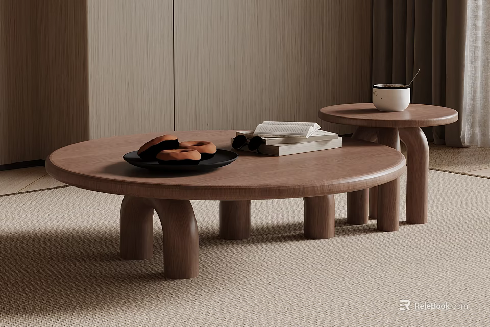 Two Round Modern Wooden Coffee Tables with Pastries Book and Cup in Living Room 3d model 
