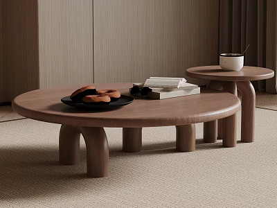 Two Round Modern Wooden Coffee Tables with Pastries Book and Cup in Living Room 3d model