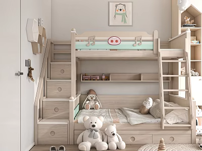 Wooden Bunk Bed In Kids Room With Staircase Storage Drawers And Plush Toys 3d model