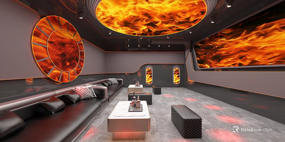 Modern Lounge With Flame Patterned Ceiling Circular Wall Red Lighting White Tables And Black Seating 3d model 