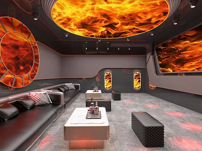 Modern Lounge With Flame Patterned Ceiling Circular Wall Red Lighting White Tables And Black Seating 3d model