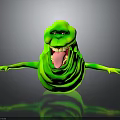 Green Slime Creature With Outstretched Arms Sticking Out Tongue Red Eyes Gray Background Floor Reflection