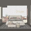 Kids Room Interior with Bed Desk Chair Window Rug Neon Sign 'Dream' on Wall Cabinet