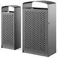 Public Trash Bins With Wooden Panels And Grey Metal Compartments For Bags