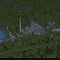 Industrial Plant Aerial View With Red White Chimney Blue Roofs Multiple Buildings And Road