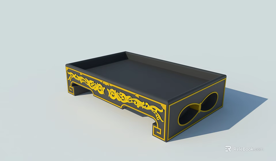 Ceramic Vessel with Black Surface Yellow Decorative Patterns Stand Structure and Circular Holes 3d model 