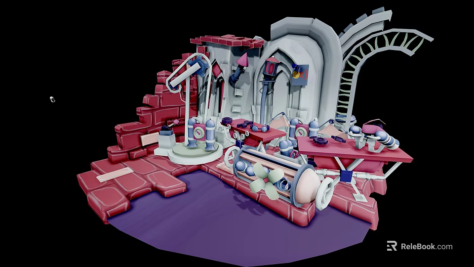 Vibrant Cartoon Scene With Mechanical Structures Red Bricks Purple Ground And White Machinery 3d model 