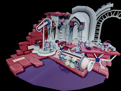 Vibrant Cartoon Scene With Mechanical Structures Red Bricks Purple Ground And White Machinery 3d model