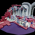 Vibrant Cartoon Scene With Mechanical Structures Red Bricks Purple Ground And White Machinery