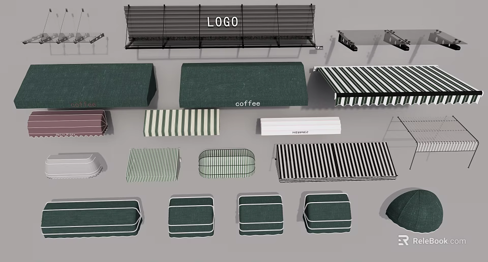 Garden Shade Structures Design With Green Canopies Striped Awnings And Coffee Signage 3d model 