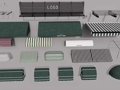 Garden Shade Structures Design With Green Canopies Striped Awnings And Coffee Signage 3d model