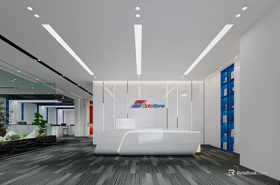 Modern Office Front Reception Desk With White Counter Company Logo And Blue Cabinets 3d model 