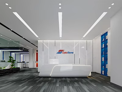 Modern Office Front Reception Desk With White Counter Company Logo And Blue Cabinets 3d model