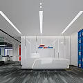 Modern Office Front Reception Desk With White Counter Company Logo And Blue Cabinets