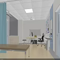 Medical Examination Room Interior With Examination Table Desk Chair And Light Blue Curtains
