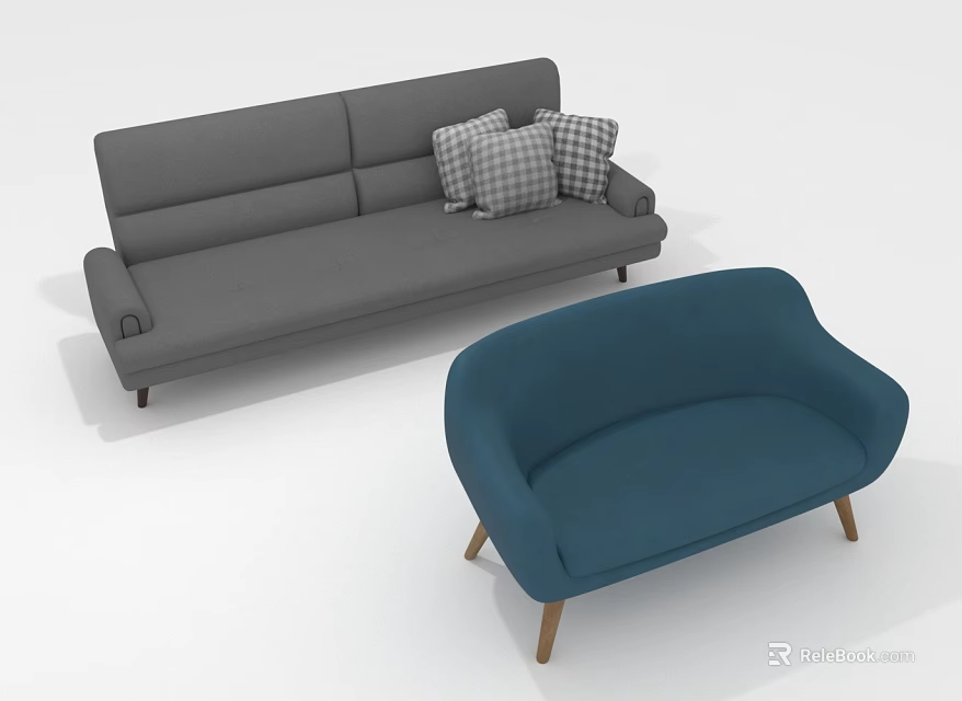 Multi Person Grey Sofa And Blue Single Armchair In Modern Living Room Setup 3d model 