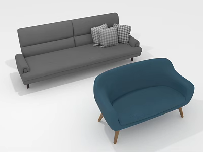 Multi Person Grey Sofa And Blue Single Armchair In Modern Living Room Setup 3d model