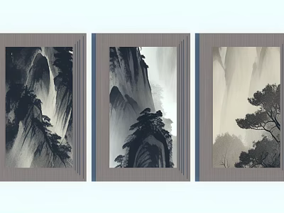 Chinese Ink Wash Landscape Paintings With Mountain Peaks And Pine Trees 3d model
