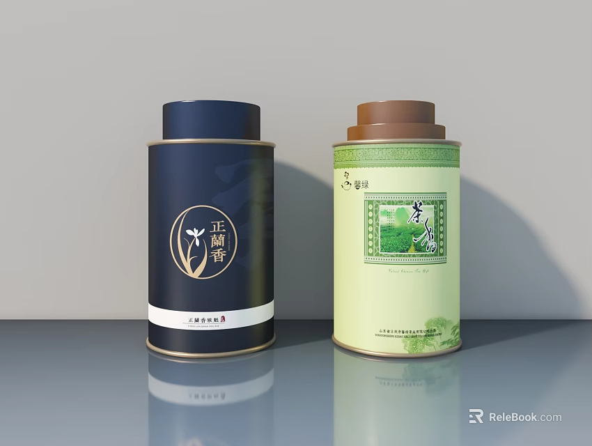 Two Decorative Tea Canisters With Dark Blue And Light Green Designs On Gray Surface 3d model 