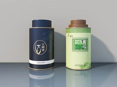 Two Decorative Tea Canisters With Dark Blue And Light Green Designs On Gray Surface 3d model