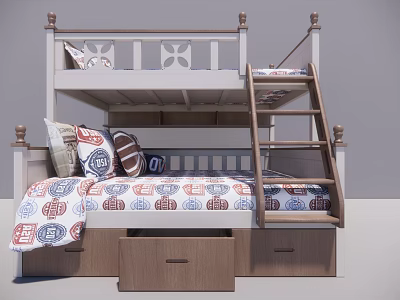 Kids Wooden Bunk Bed with Ladder Storage Drawers and Patterned Linens 3d model