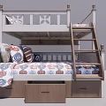 Kids Wooden Bunk Bed with Ladder Storage Drawers and Patterned Linens
