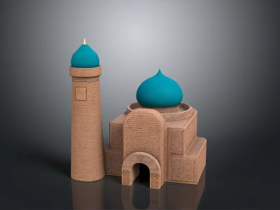 Brick Architecture Model With Blue Domes Tower Structure And Arched Doorway 3d model