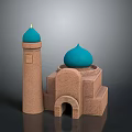 Brick Architecture Model With Blue Domes Tower Structure And Arched Doorway 3d model