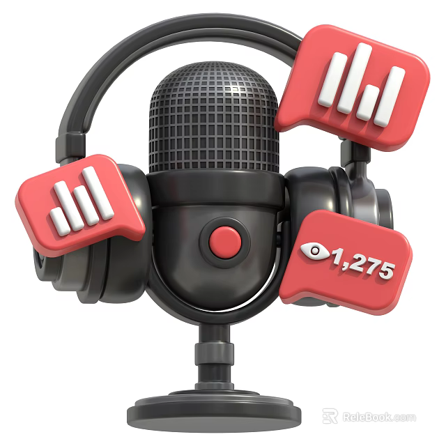 Professional Audio Headphones and Speakers with Microphone Red Icons Sound Waveforms and 1275 Music Listeners 3d model 