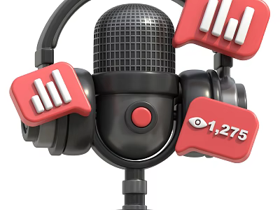 Professional Audio Headphones and Speakers with Microphone Red Icons Sound Waveforms and 1275 Music Listeners 3d model