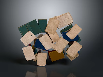 Stacked Old Books With Various Colored Covers And Scattered Paper Pages 3d model
