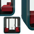 Small Private Lounge Space With Red Upholstered Casual Sofa Set And Transparent Glass Door