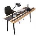 Modern Wooden Coffee Table With Black Desk Lamp Camera Tablet And Dark Chair