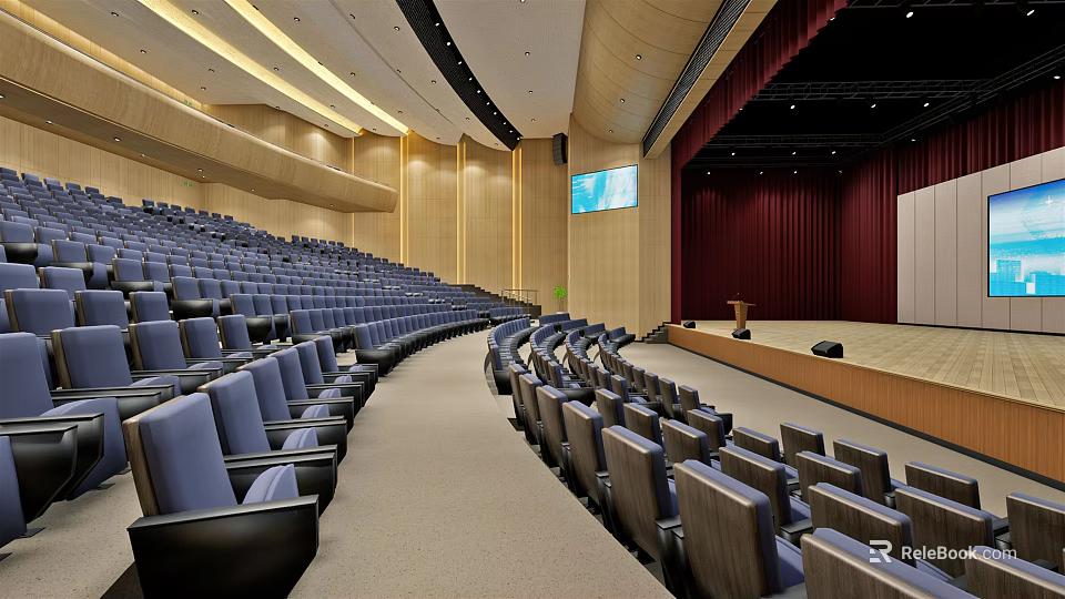 Modern Conference Room With Blue Seats Stage Large Screen And Wooden Walls 3d model 
