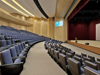 Modern Conference Room With Blue Seats Stage Large Screen And Wooden Walls 3d model