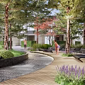 Residential Landscape Featuring People Enjoying Outdoor Red Green Trees Lawn Wooden Pathway And Lounge Chairs