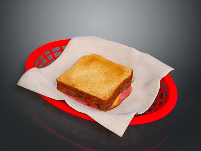 Toasted Sandwich With Golden Crust Served In Red Basket With White Paper 3d model