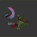 Fantasy Character And Creature With Colorful Feathers Long Tail Blue Wings Brown Body Red Hat