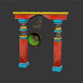 Vibrant Green Circular Hanging Decoration With Red Pillars Blue Accents And Yellow Top Metal Components