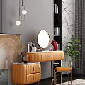 Modern Dressing Table Interior Design With Round Mirror Cosmetics Jewelry And Pendant Lights